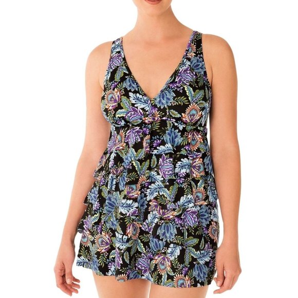 Swim Solutions Floral V-Neck Tummy Control Ruffle Swimdress Women's Size 10 NWT! - Picture 1 of 8